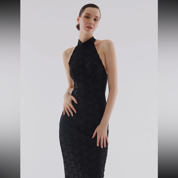 07 Halter Neck Lace Black Midi Dress with Back Detail - Picture 2 of 4